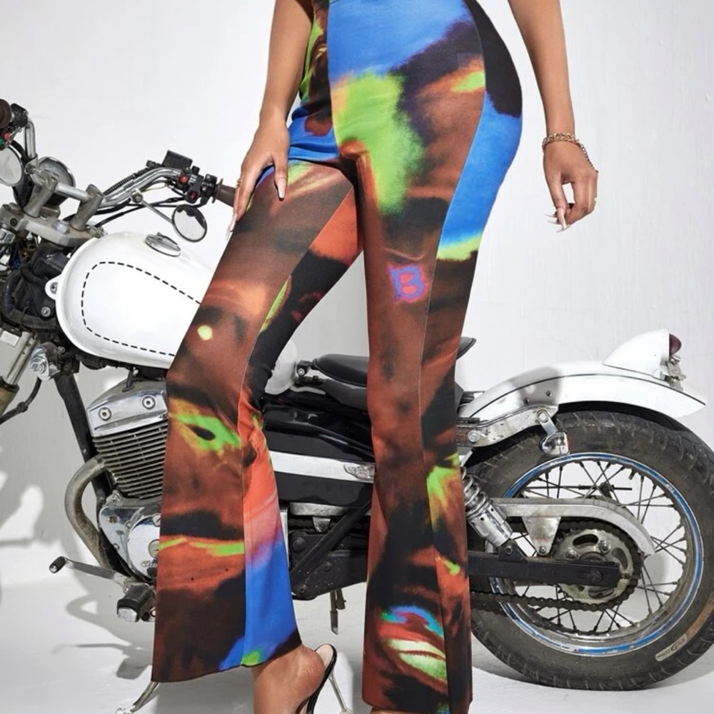 New Womans Tye Dye Multicolour Splash Print High Waist Stretchy Flare Leg Pants - Picture 6 of 9